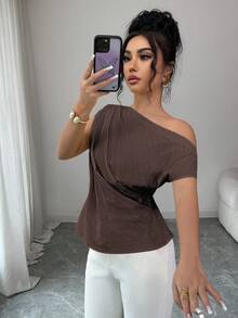 Elenzga Women's Spring/Summer New Elegant Sexy Asymmetric Shoulder Design Textured Pleated Minimalist Solid Color Loose Fit Slimming Suitable For Dark Brown - Brown - View 8