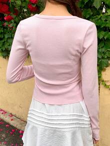 DAZY Women's Fitted Cropped Long Sleeve Ribbed T-Shirt - Pink - View 6