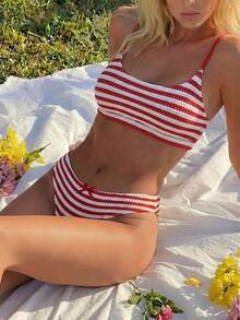 Swim Mod Setelan Baju Renang Wanita 2 Potong Motif Garis Merah dan Putih Seksi Musim Panas dengan Tali Bahu Tipis dan Jala - Red and White - View 3