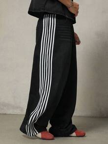 FRESIVO Men's Elastic Waist Side Stripe Loose Fit Fashionable Jeans - Black - View 6