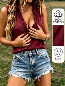 EMERY ROSE Women's Solid Color Ruffle Trim V-Neck Casual Elegant Sleeveless Blouse Vacation Burgundy Red Summer Brunch Date - Burgundy - View 7