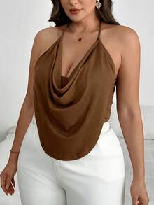 SHEIN PETITE CURVE Tank Top Halter Seksi Wanita Ukuran Plus Warna Polos dengan Kerah Model Cowl - Coklat - View 4