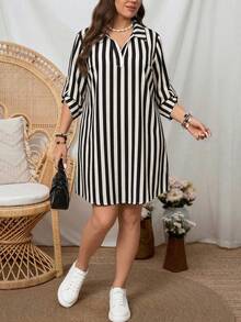 SHEIN LUNE Vestido a rayas casual para ir al trabajo de talla grande - Negro - Ver 2