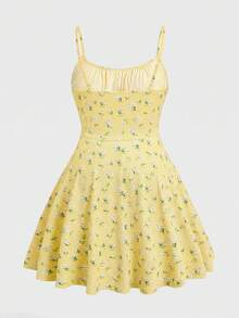 SHEIN EZwear 性感浅黄色针织紧身迷你连衣裙，细肩带，夏季 - 淡黃色 - 查看 2