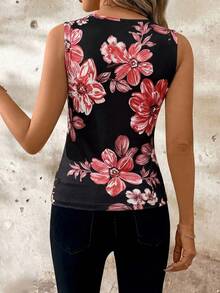 SHEIN Clasi Kaos Wanita Motif Bunga dengan Kerah Bergelombang - Merah - View 2