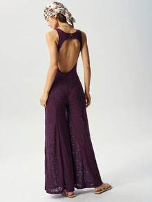 Bohemela Summer Casual Vacation Versatile Purple Lace Print Knitted Women's Slim Jumpsuit - Purple - View 2