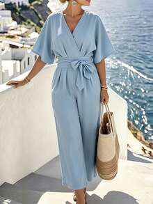 SHEIN LUNE CURVE Summer Light Blue V-Neck Wrap Wide Leg Loose Fit Overall V-Neck Wrap Overlap Design Mid-Length / 5-Sleeve Batwing Sleeve French Relaxed Vacation Style Plus Size Jumpsuit - Blue - View 4