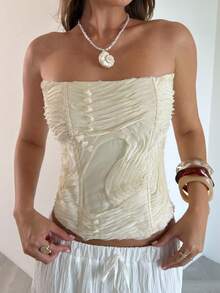 Opulessa Spring/Summer Vacation Solid Color Woven Bandeau Top For Women - Apricot - View 2