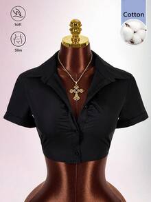 Amplova Casual Sexy 2026 New Front Ruched Design Back Lace-Up Open Back Cropped Shirt - Black - View 1