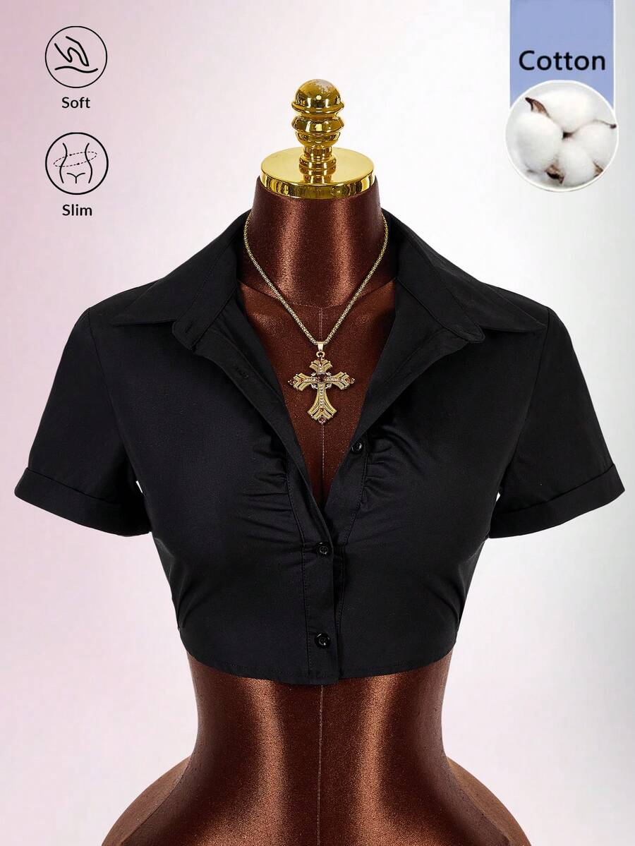 Amplova Casual Sexy 2026 New Front Ruched Design Back Lace-Up Open Back Cropped Shirt - Black - View 1