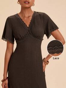 Travachic Women's Lace Patchwork Solid Color Short Sleeve V-Neck Dress,Summer,Beach Brunch,Elegant Romantic,Vacation,Lace Dark Brown, Elegant Party Dress - Brown - View 1
