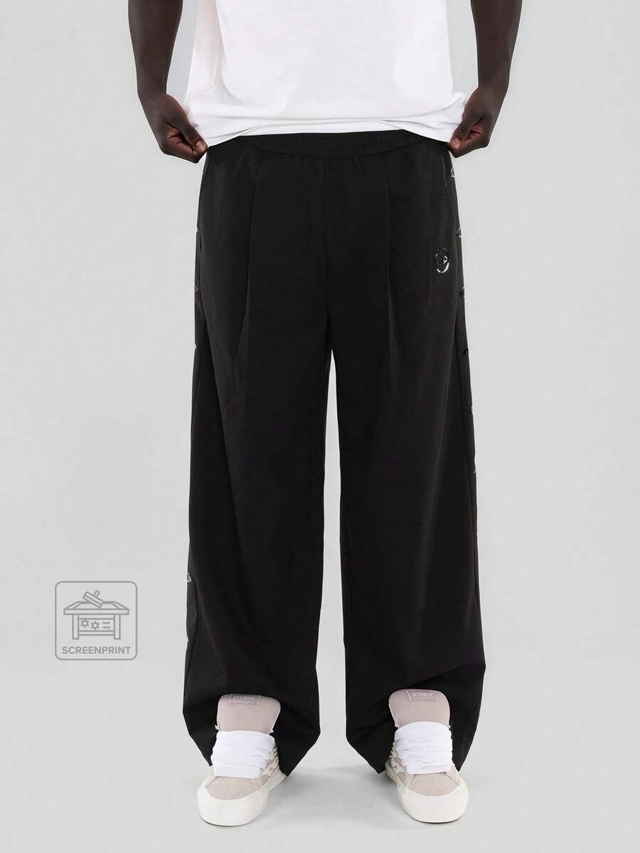FORM&CHAOS Men's Wide Leg Glossy 3D Printed Black Pants City Break Winter Street Wear,Black Pants Men - Black - View 1
