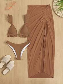 SHEIN Swim 素色比基尼套裝褶邊上衣和露臀下裝和沙灘裙3入組泳衣 - 咖啡棕 - 查看 4