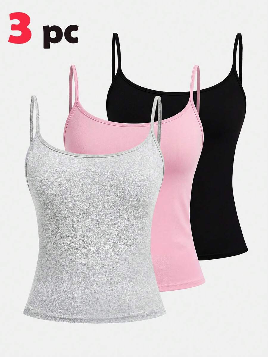 Girlism 3 pièces/set Haut de type camisole ajusté décontracté pour adolescente, convient pour le printemps, l'été, l'automne et l'hiver. Convient pour les tenues décontractées d'été, le campus, les sports, les pique-niques en plein air, la photographie de rue, la fête des mères, la remise des diplômes, les hauts d'été convenant au printemps et à l'été, aux sorties, aux vacances, aux jours fériés, aux filles élégantes, aux tenues décontractées, aux nouveaux styles, aux retours à l'école. - Multicolore - Voir 1
