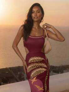 CAJUNI Women's Fashionable Vacation Floral Print Spaghetti Strap Long Dress - Burgundy - View 3