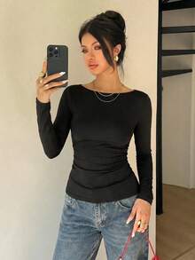 Siren Gaze T-shirt da donna a maniche lunghe con pieghe, colore unito, versatile e alla moda per uso quotidiano - nero - Visualizzare 6