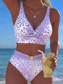 Swim Lushoire Conjunto de traje de baño de dos piezas para mujer madura y conservadora, nuevo para primavera/verano, con estampado de leopardo degradado en color púrpura y doble tirante en los hombros - Multicolor - Ver 3