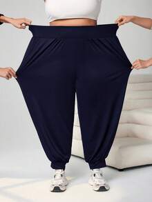 SHEIN CURVE+ Curve Plus 素色長版束口長褲附口袋，大尺碼，清爽面料，夏季 - 藏蓝色 - 查看 6