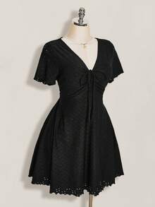 SHEIN ICON Plus Size Women's Solid Color Front Tie Short Sleeve Jacquard Knit Dress Date Night Black Summer Cute Vacation Wedding Guest Fairy Kawaii Whimsical - Black - View 5