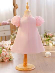SHEIN Glamorique Kids 女嬰粉色正式禮服 3D玫瑰刺繡短袖洋裝，嬰兒生日禮服適用於婚禮、晚宴、派對、日常穿著、拍照、度假、夏季穿搭、派對穿搭指南 - 粉色 - 查看 5