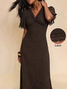 Travachic Women's Lace Patchwork Solid Color Short Sleeve V-Neck Dress,Summer,Beach Brunch,Elegant Romantic,Vacation,Lace Dark Brown, Elegant Party Dress - Brown - View 3