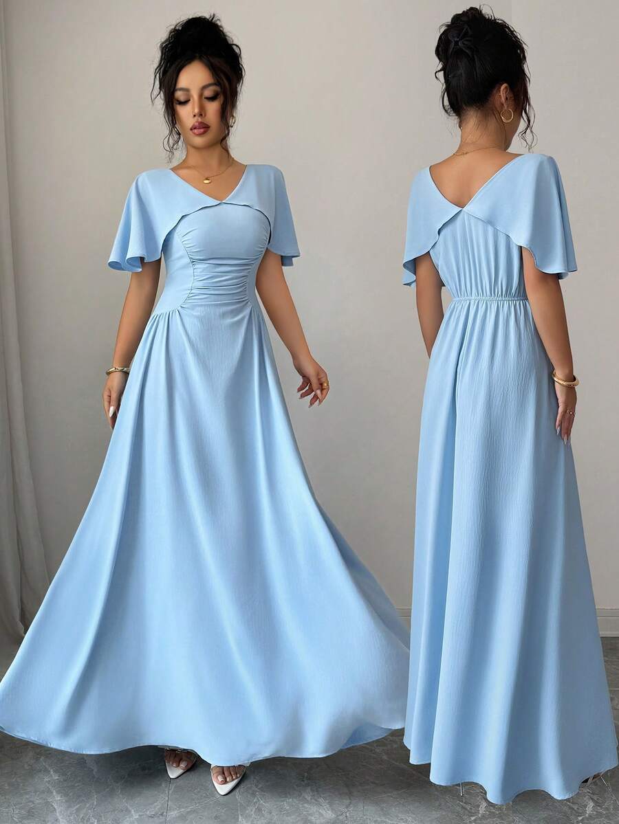 Elenzga Women's Spring/Summer Baby Blue Distressed Pleated French Style Elegant Sophisticated Work Commute Casual Vacation Romantic Beach Party Ruffle Dress - Baby Blue - View 1
