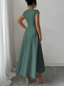 Elenzga Women's Spring/Summer French Elegant Commuter Beach Casual Vacation Style Music Festival Beer Festival Solid Color Square Neck Waist-Defining Structured Patchwork Voluminous A-Line Short Sleeve Midi Dress - Dark Green - View 2