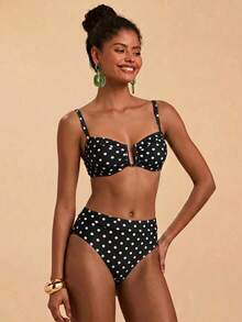 Travachic Bộ đồ bơi nữ mùa hè đi biển họa tiết chấm bi, áo bikini dây mảnh và quần tam giác - Đen và trắng - Xem 3