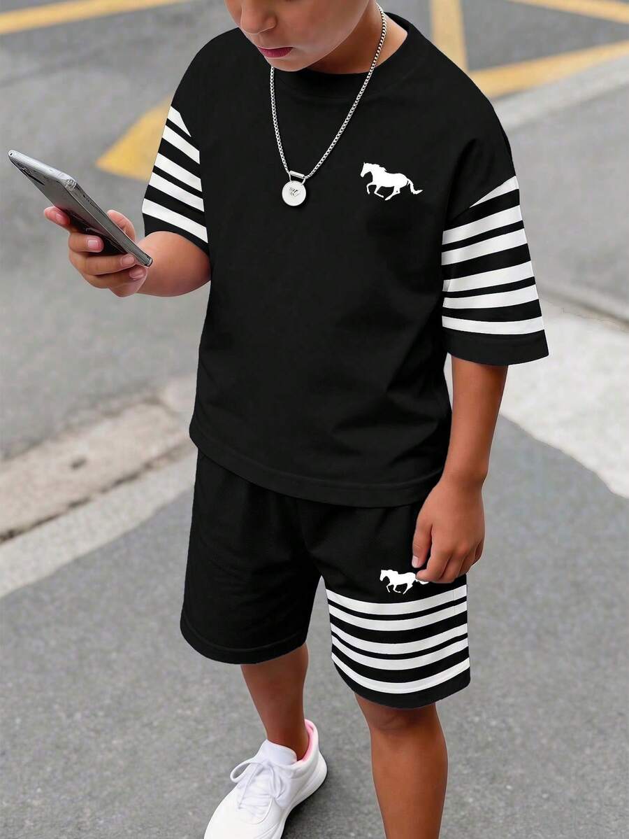 Tween Boy Casual Comfortable Fashionable Minimalist Crew Neck Short Sleeve T-Shirt And Shorts Set, Classic Striped Pattern Print, Exquisite Pony Logo Print - Multicolor - View 1