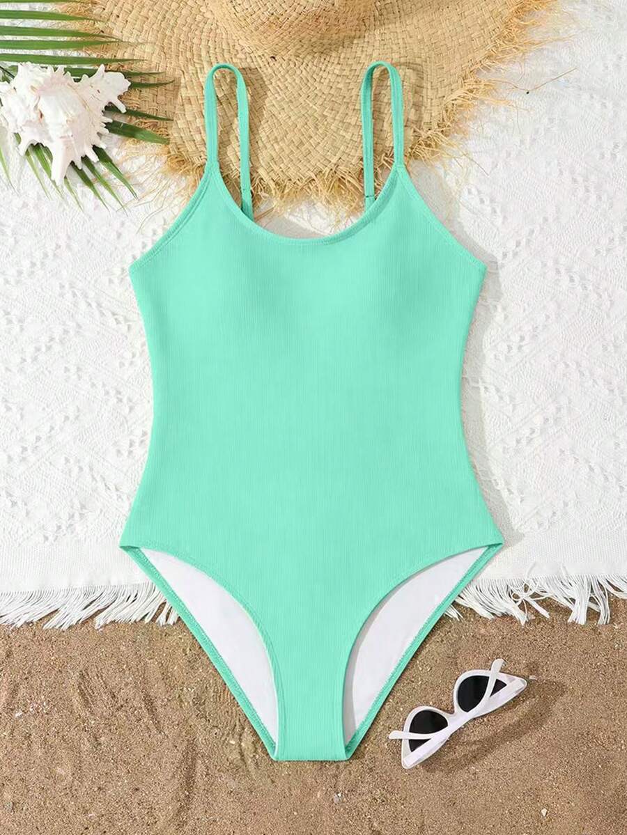 SHEIN Baju Renang Terusan Kasual Lucu Warna Hijau Mint dengan Kerah Bulat Bergaris untuk Remaja Perempuan, Cocok untuk Berenang di Musim Panas - Mint Green - View 1