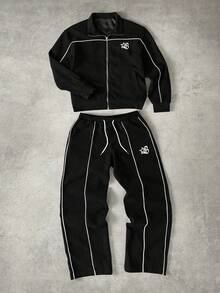 STYNVO Manfinity Streetrush 男士五角星印花长袖外套和裤子休闲套装，秋季服装 - 黑色 - 查看 1
