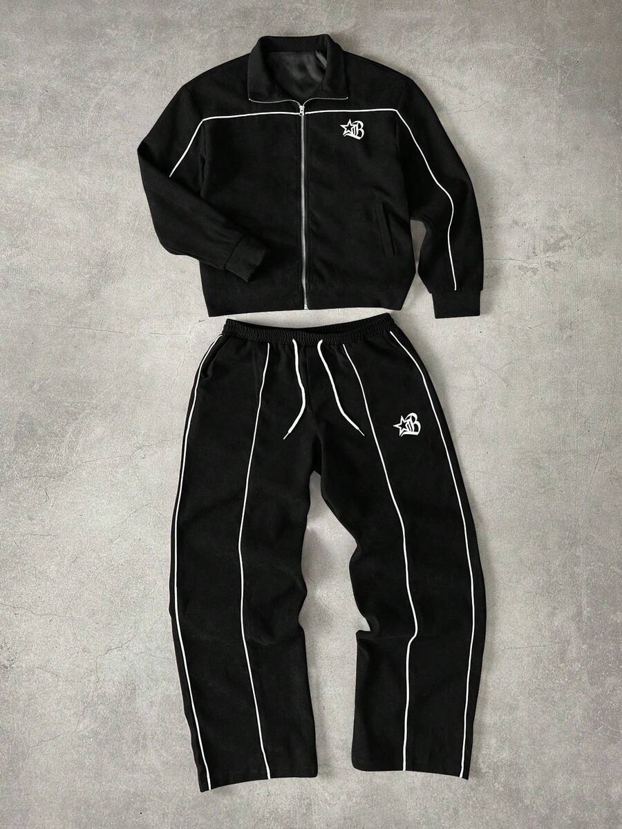 STYNVO Manfinity Streetrush 男士五角星印花长袖外套和裤子休闲套装,秋季服装 - 黑色 - 查看 1