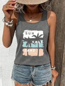 INAWLY Women's Letter & Palm Tree Print Casual Versatile Daily Wear Top - Grey - View 1