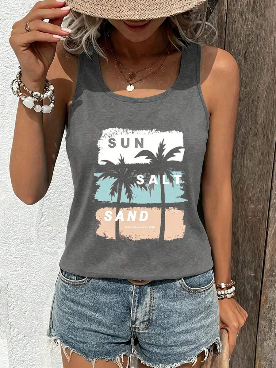 INAWLY Women's Letter & Palm Tree Print Casual Versatile Daily Wear Top - Grey - View 1