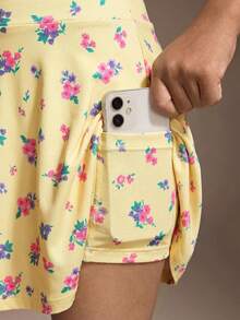 SHEIN 少女運動戶外黃色花卉印花洋裝，高彈性、自由伸展，時尚百搭經典款，適合羽球、網球及其他運動，附口袋設計 - 黃色 - 查看 6