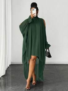 Maweii Plus Size Women's Solid Color Chiffon Off-Shoulder High-Low Pleated Dress Fall - Dark Green - View 5