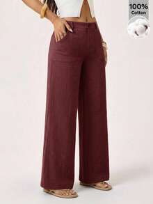 SHEIN PETITE 100% Washed Cotton Low Waist Straight Pants ,Petite Women - Brown - View 9