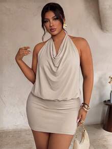 Firerie Plus Size Spring/Summer Women's Elegant Sexy Exquisite Charming Date Concert Dress Draped Neckline Halter Neck Bodycon - Apricot - View 2