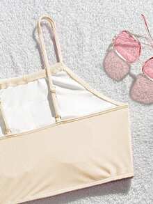 SHEIN Set Baju Renang Remaja Perempuan Minimalis Modis Warna Polos Manis dengan Konektor Cincin - Krem - View 4