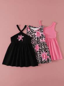 SHEIN Playful Pals 3件組女嬰時尚多巴胺色無袖洋裝套裝，夏季戶外穿著 - 彩色 - 查看 6
