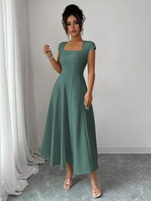 Elenzga Women's Spring/Summer French Elegant Commuter Beach Casual Vacation Style Music Festival Beer Festival Solid Color Square Neck Waist-Defining Structured Patchwork Voluminous A-Line Short Sleeve Midi Dress - Dark Green - View 6