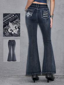ROMWE Y2K Sexy Punk Style Vintage Low Waist Super Short Zipper Rivet Pocket Embroidery Women Denim Jeans, Spring/Summer Swimming Pastal - Medium Wash - View 1