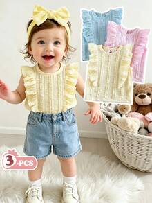 SHEIN Vintaside Kids 3件組彩色極簡田園風荷葉邊飾緹花布料荷葉領套頭T恤上衣，舒適休閒可愛，春夏新款 - 彩色 - 查看 1