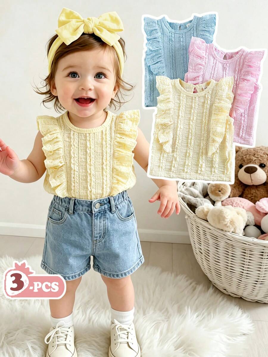 SHEIN Vintaside Kids 3件組彩色極簡田園風荷葉邊飾緹花布料荷葉領套頭T恤上衣,舒適休閒可愛,春夏新款 - 彩色 - 查看 1