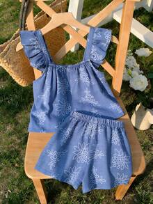 SHEIN Tween Girl Vacation Botanical Print Flutter Sleeve Top And Shorts Set - Blue - View 2