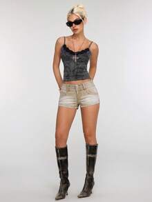 Shorts de mezclilla de cintura baja estilo urbano  Unity - Caqui - Ver 3
