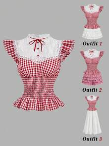 SHEIN MOD Women's Contrast Lace Plaid Cap Sleeve Fashionable Blouse - Red and White - View 1