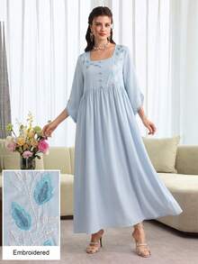 Yasmyna French Square Neck Romantic Purple Embroidered Loose Fit Youthful Long Sleeve Full Skirt Elegant Women's Dress - Blue - View 3