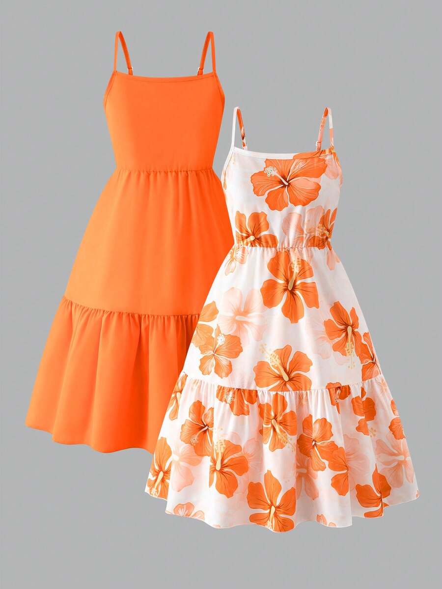 Elladie kids 女童夏季休閒甜美吊帶洋裝,粗棉布紋理與清透配色組合,適合戶外度假,可愛休閒夏季必備女童套裝 - 亮橙色 - 查看 1