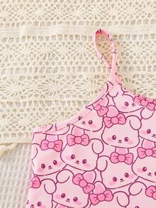 Bộ đồ ngủ 2 mảnh cho bé gái mùa hè, áo hai dây và quần short, họa tiết thỏ hoạt hình dễ thương, phong cách đơn giản thời trang, thoải mái, mát mẻ và ngọt ngào, chất mỏng trẻ trung, mặc ở nhà và dạo phố - Hồng - Xem 4